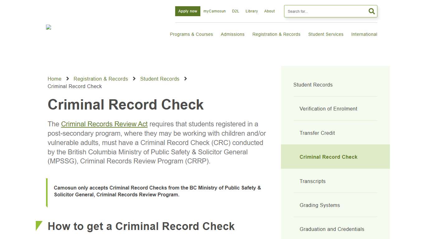 Criminal Record Check | Camosun College